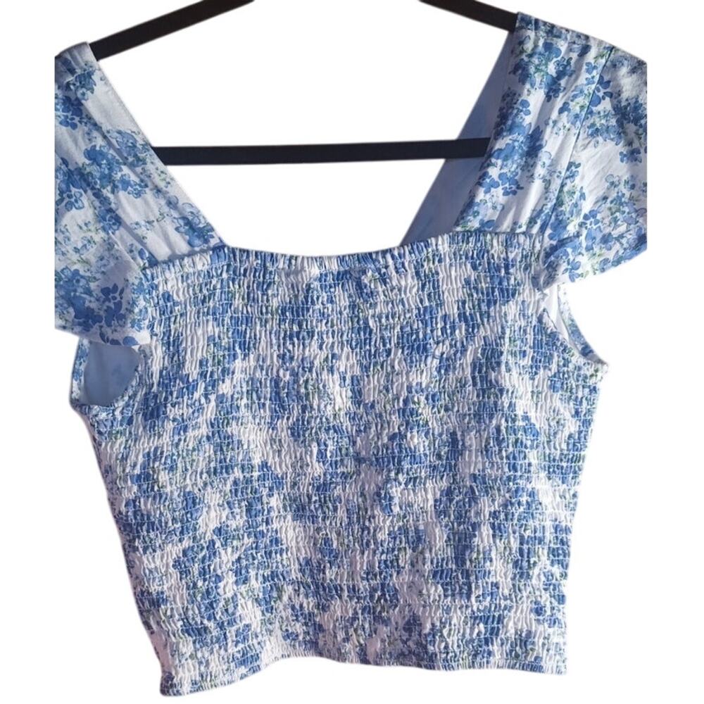 Midnight Sky Baby Doll Smocked Floral Blue White Top Linen Blend Women's Large - Picture 3 of 6